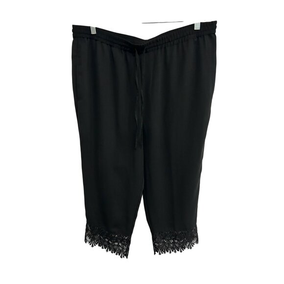 Kate & Mallory Lace Trim Cropped Pants Black Sz XL Drawstring Elastic Waist Chic - Picture 1 of 11